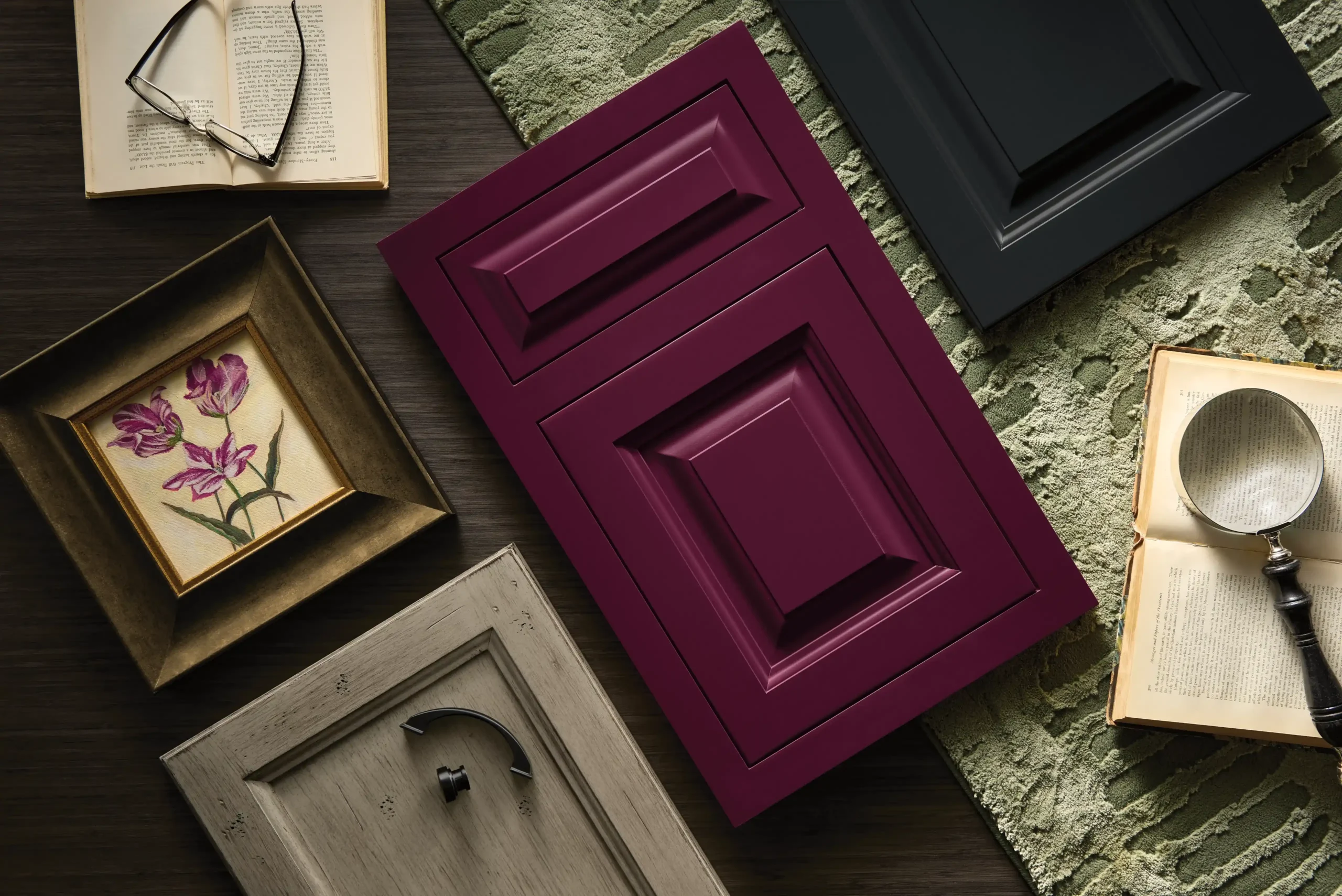 MD_Claret_2025_MB11_11zon (Platinum) Madison in Claret on maple, (Gold) Madison Raised Panel in Shadow on maple, Madison Flat Panel in Peppered Appaloosa on cherry