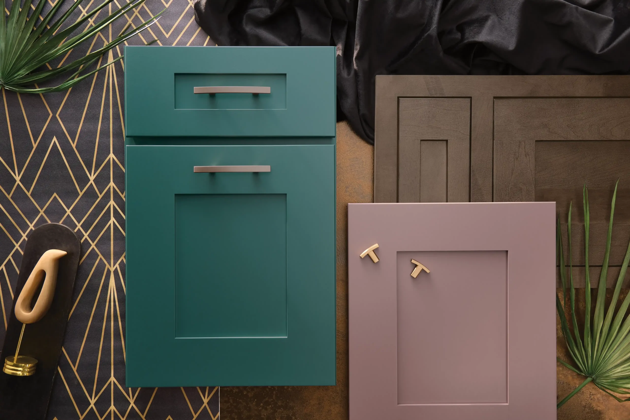 MD_OceanJade_2025_MB06_11zon (Gold) Sonoma Flat Panel in Ocean Jade and Orchid, (Platinum) Oasis in Hearth all on maple